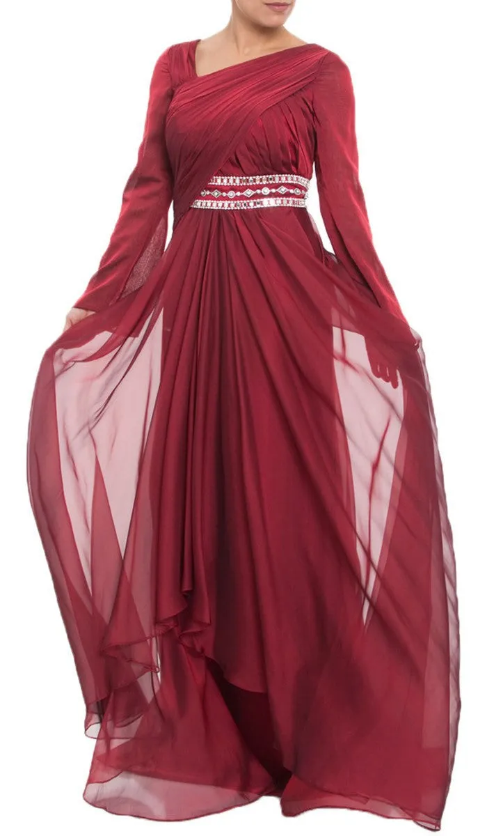 Michel Long Sleeve Silk Modest Muslim Formal Evening Dress - Maroon Red - FINAL SALE