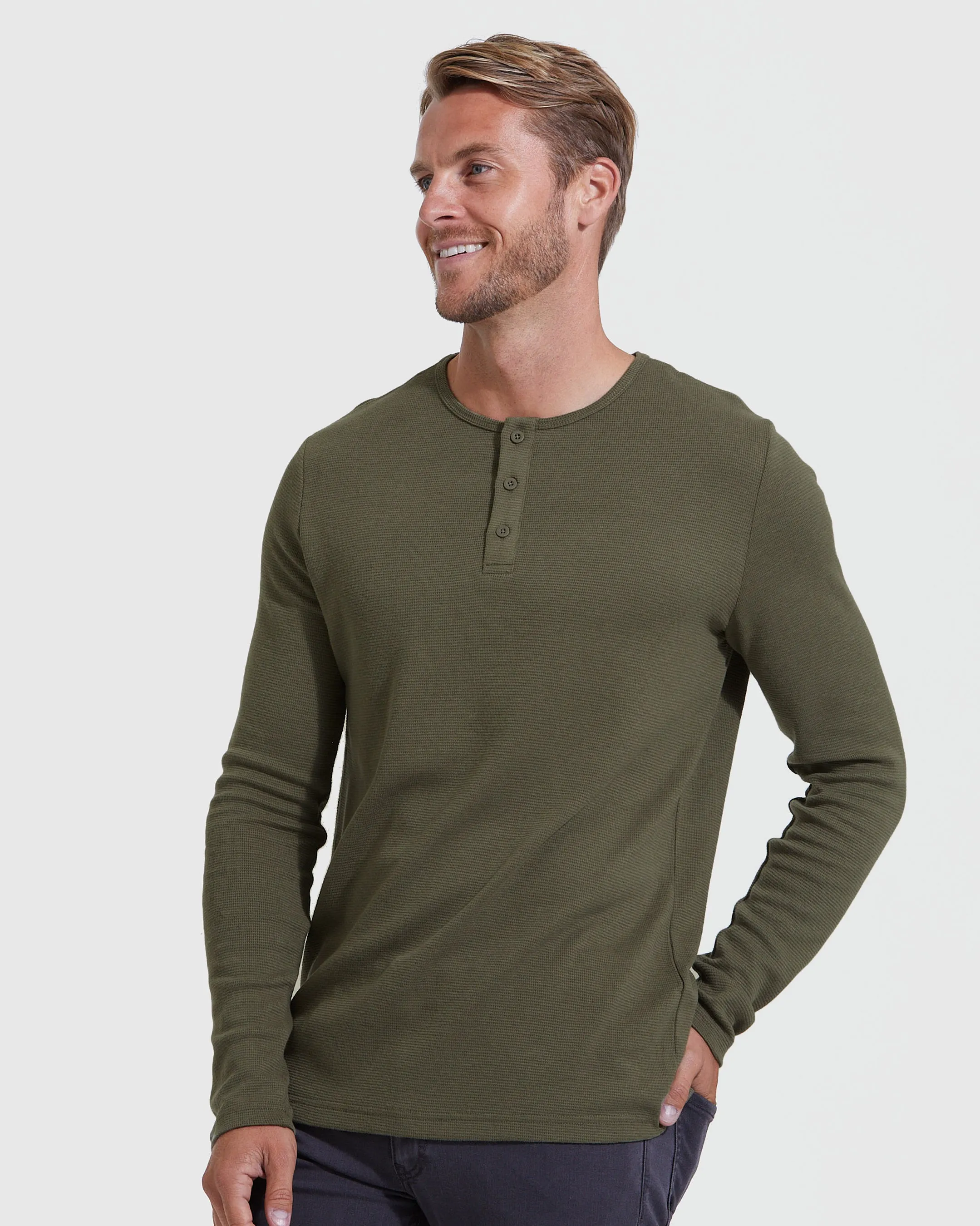 Military Green Waffle Long Sleeve Henley