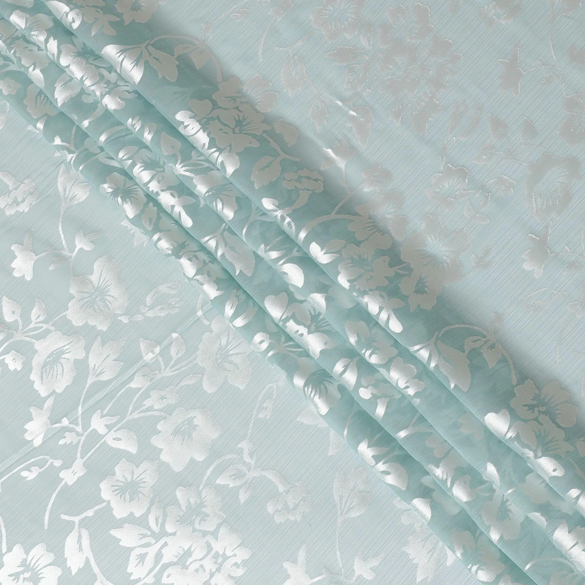 Mint blue Premim pure silk chiffon fabric with silver jacquard in floral design-D15316