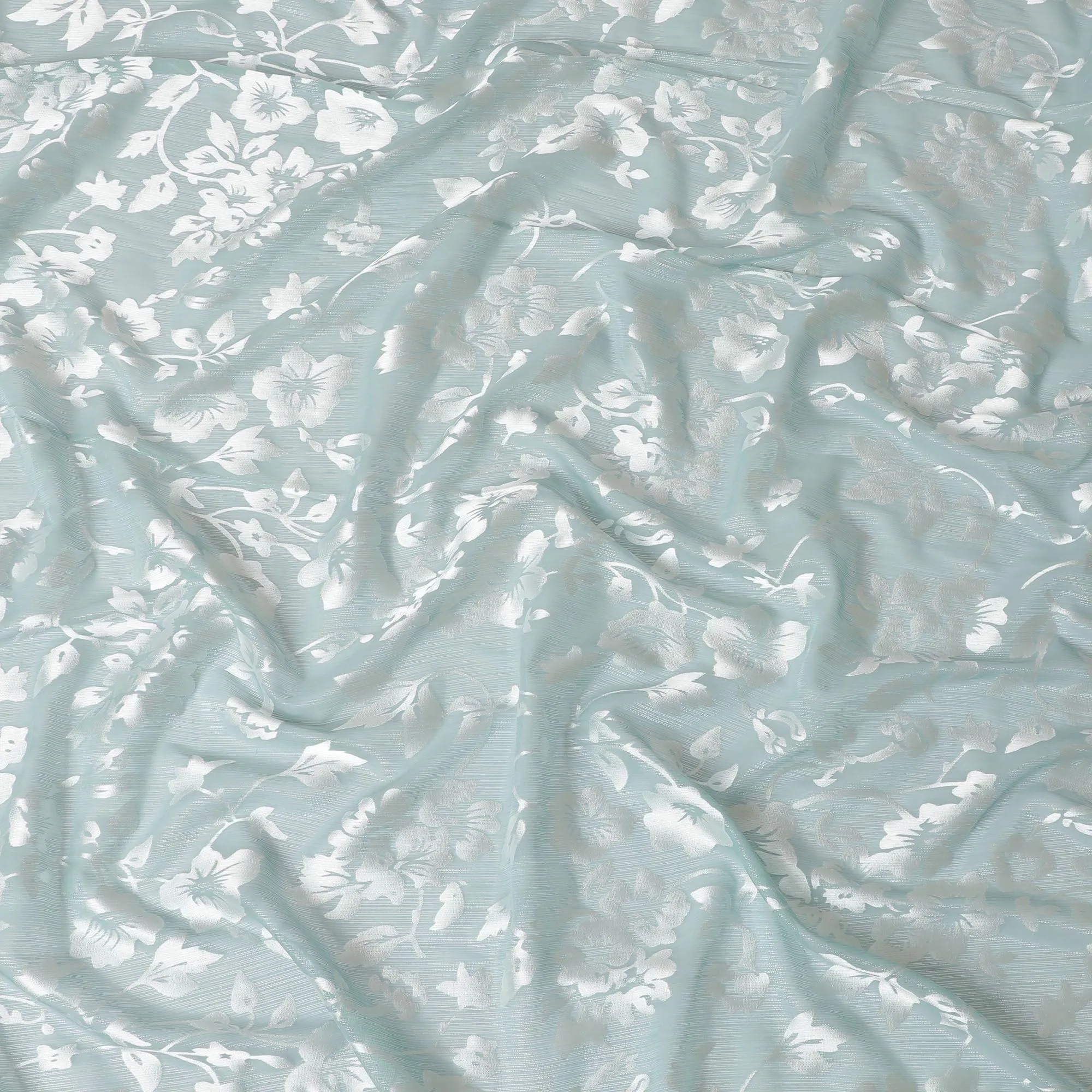 Mint blue Premim pure silk chiffon fabric with silver jacquard in floral design-D15316