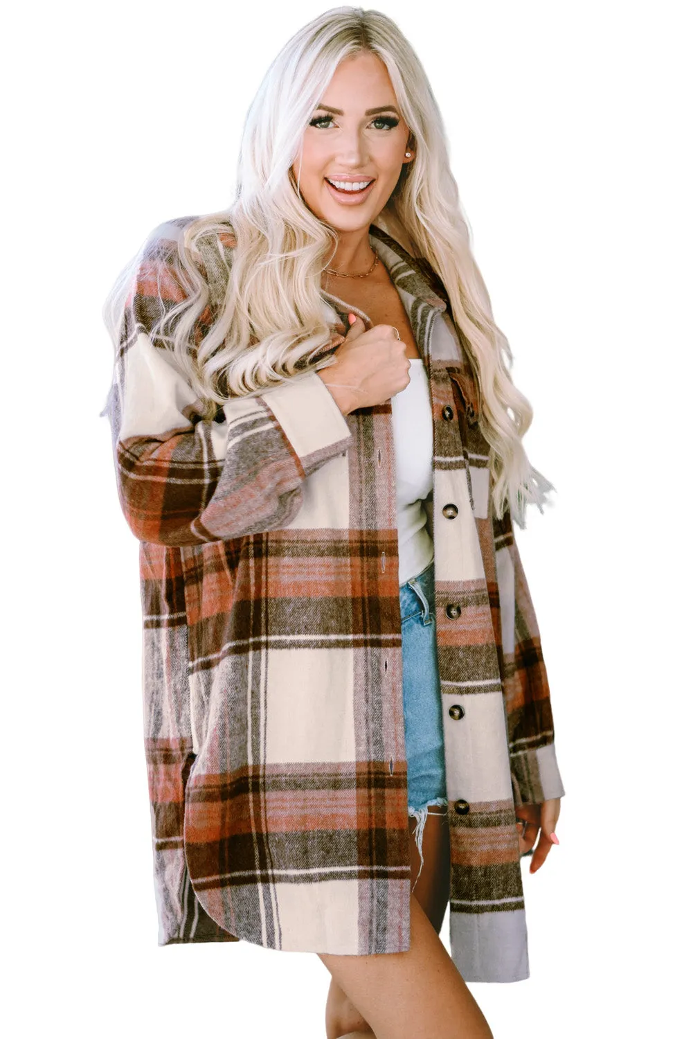 Mint Green Plaid Print Flap Pockets Long Shacket