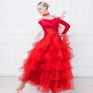 Mult Layer Off Shoulder Ballroom Dance Competition Dress Costumes