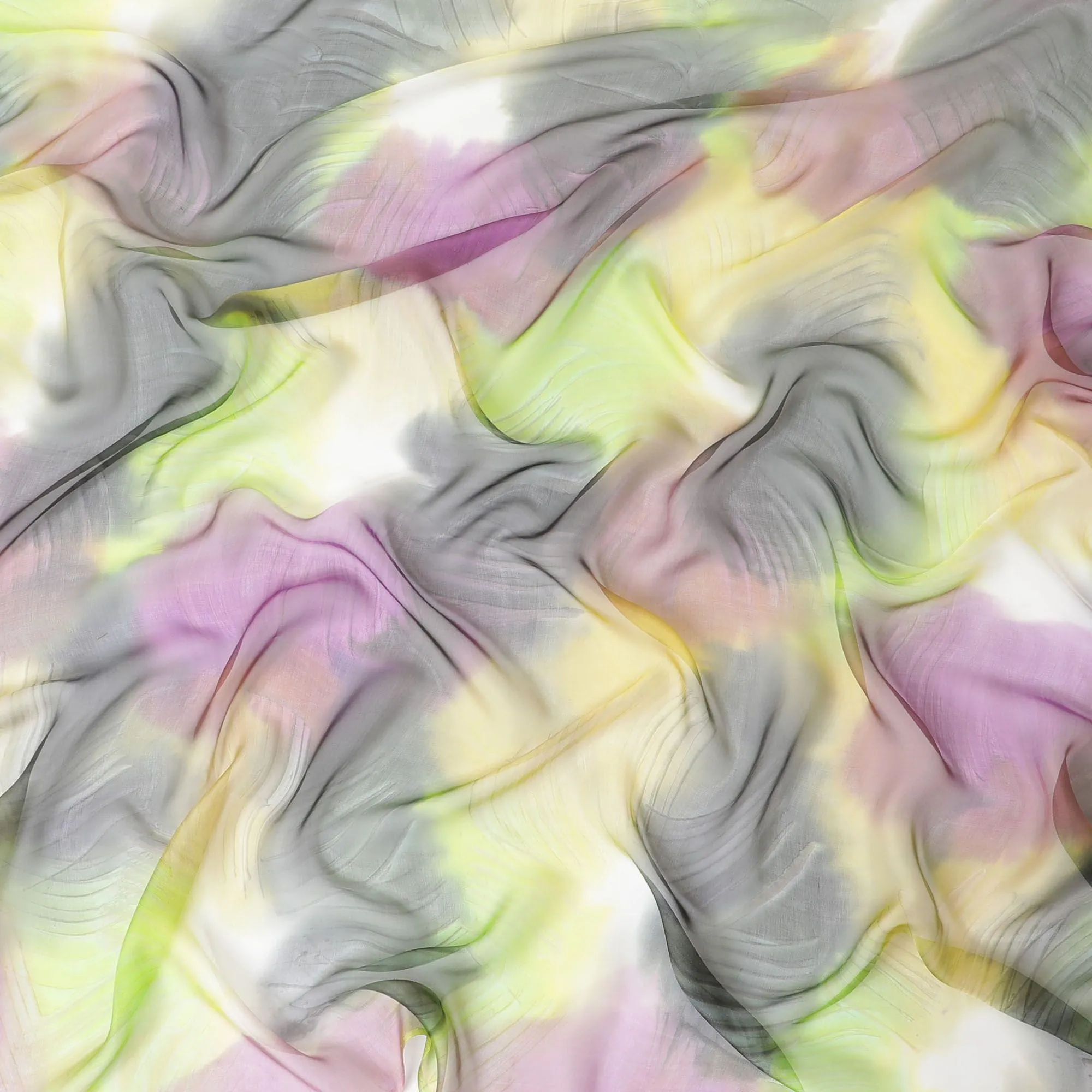 Multi colour silk chiffon fabric with green, purple & yellow prints in abstract design - D9860