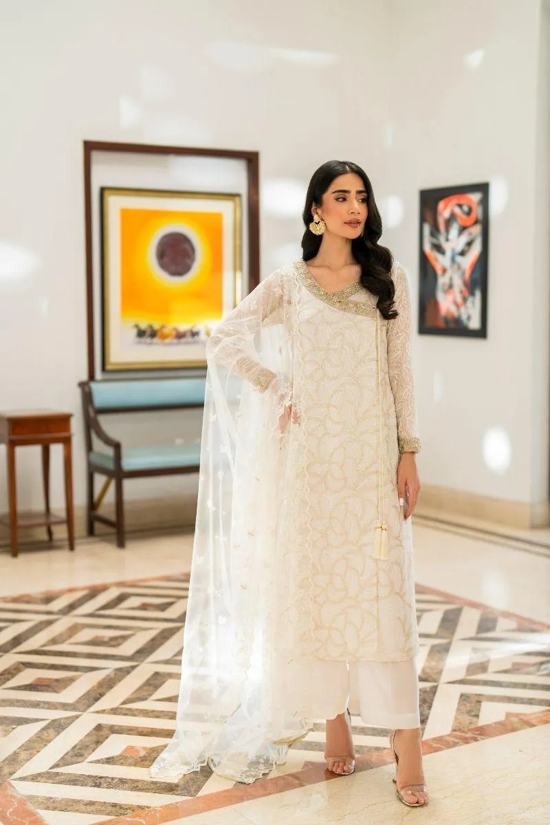 Natasha Kamal - Teya - white angrakha - Embroidered Chiffon lined with crepe de chin - 3 Piece