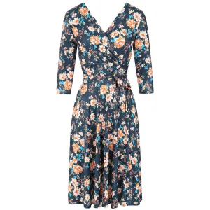 Navy and White Floral Print 3/4 Sleeve Crossover Vintage Swing Dress