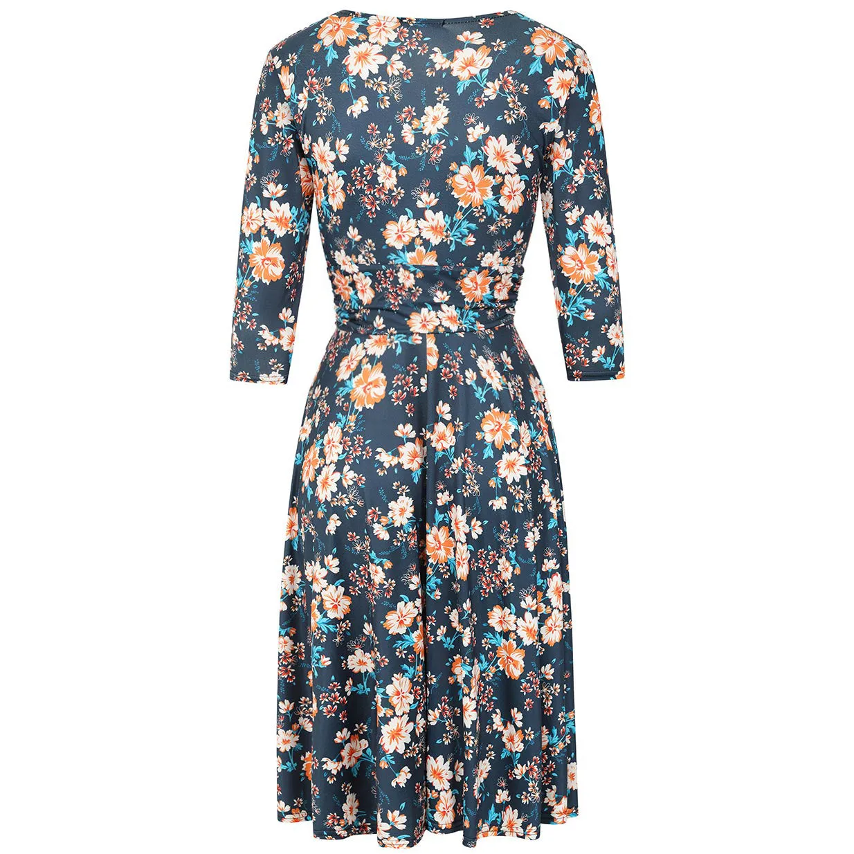 Navy and White Floral Print 3/4 Sleeve Crossover Vintage Swing Dress