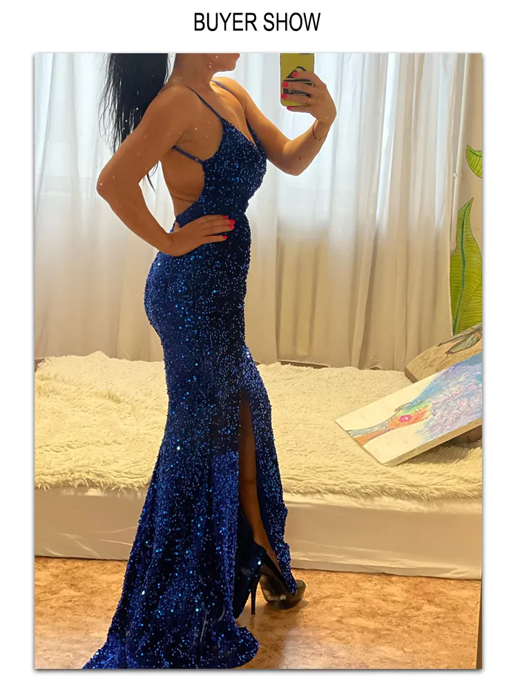 New Royal Blue Sequin Backless Slip Mermaid Long Party Dresses Luxury V Neck Velvet Stretch Slit Sleeveless Cocktail Prom