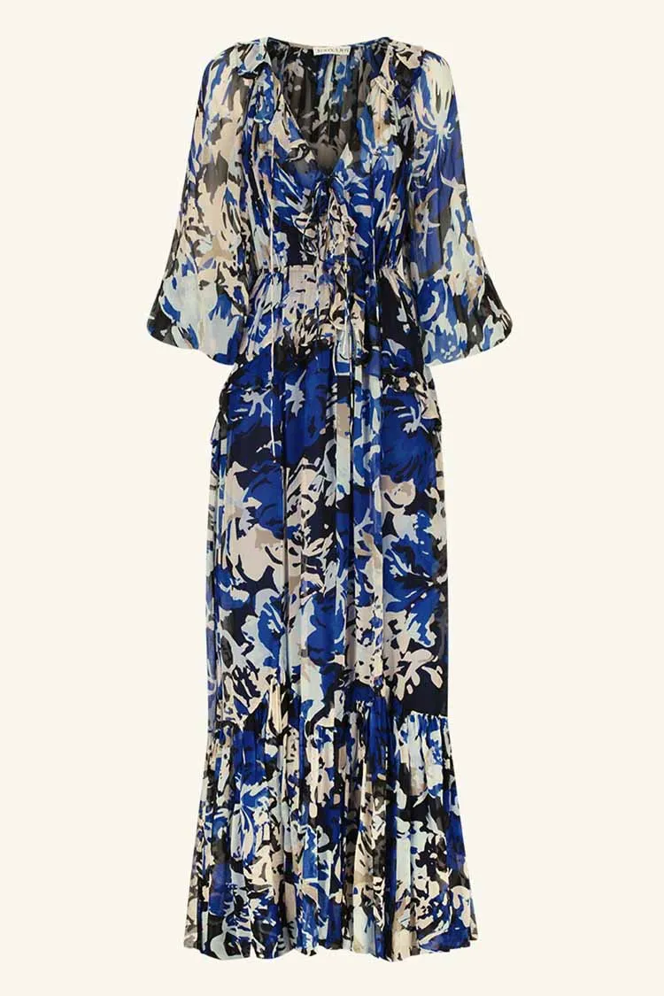 Olea Drawstring Ruffle Maxi Dress in Azure