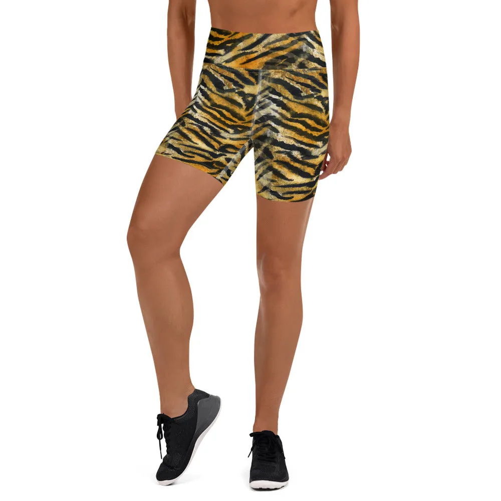 Orange Tiger Yoga Shorts, Striped Animal Print Women's Short Gym Tights-Made in USA/EU