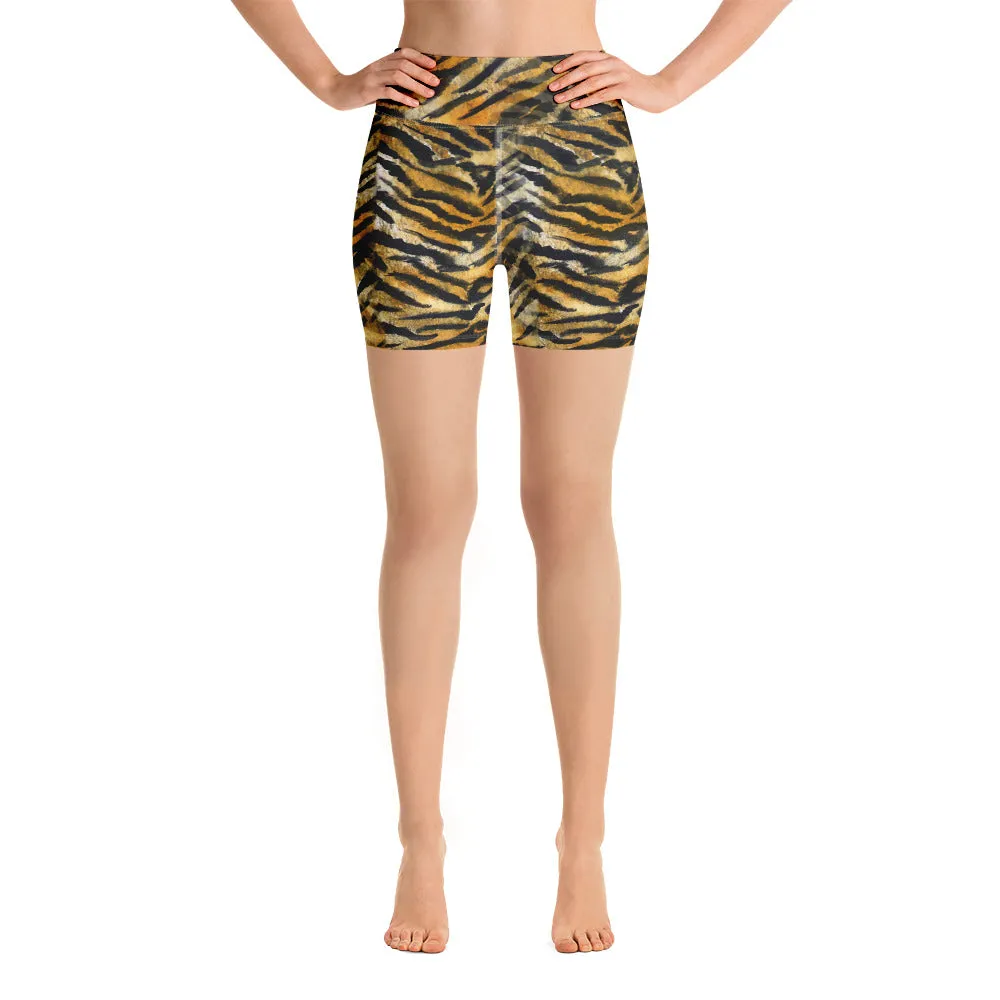 Orange Tiger Yoga Shorts, Striped Animal Print Women's Short Gym Tights-Made in USA/EU