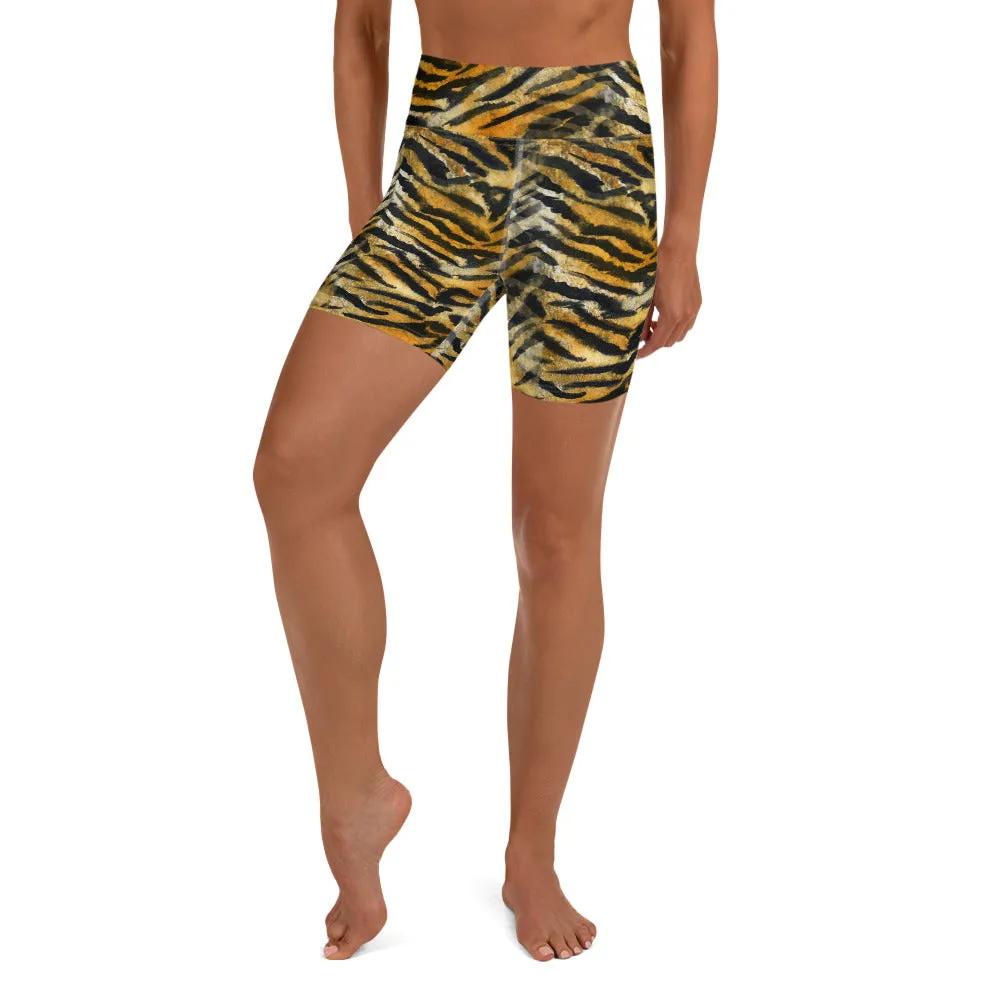 Orange Tiger Yoga Shorts, Striped Animal Print Women's Short Gym Tights-Made in USA/EU