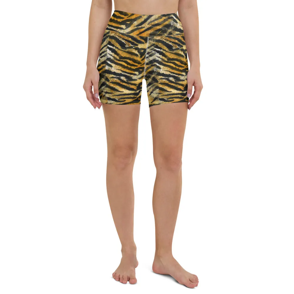 Orange Tiger Yoga Shorts, Striped Animal Print Women's Short Gym Tights-Made in USA/EU