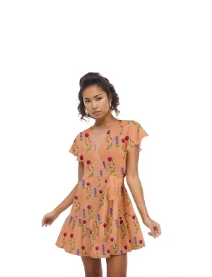 Peach Floral Flutter Sleeve Wrap Babydoll Dress