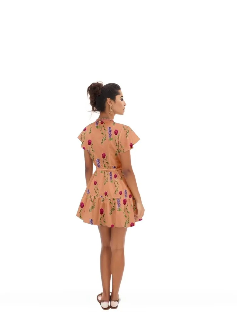 Peach Floral Flutter Sleeve Wrap Babydoll Dress