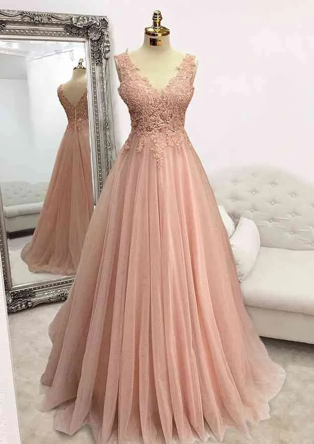 Pearl Pink Prom Dresses, A-line V Neck Sleeveless Long/Floor-Length Tulle Glitter Prom Dress With Appliqued Beading