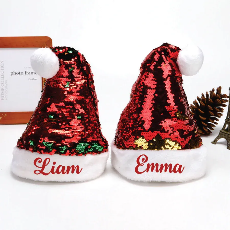 Personalised Sequins Santa Caps - Red and Gold