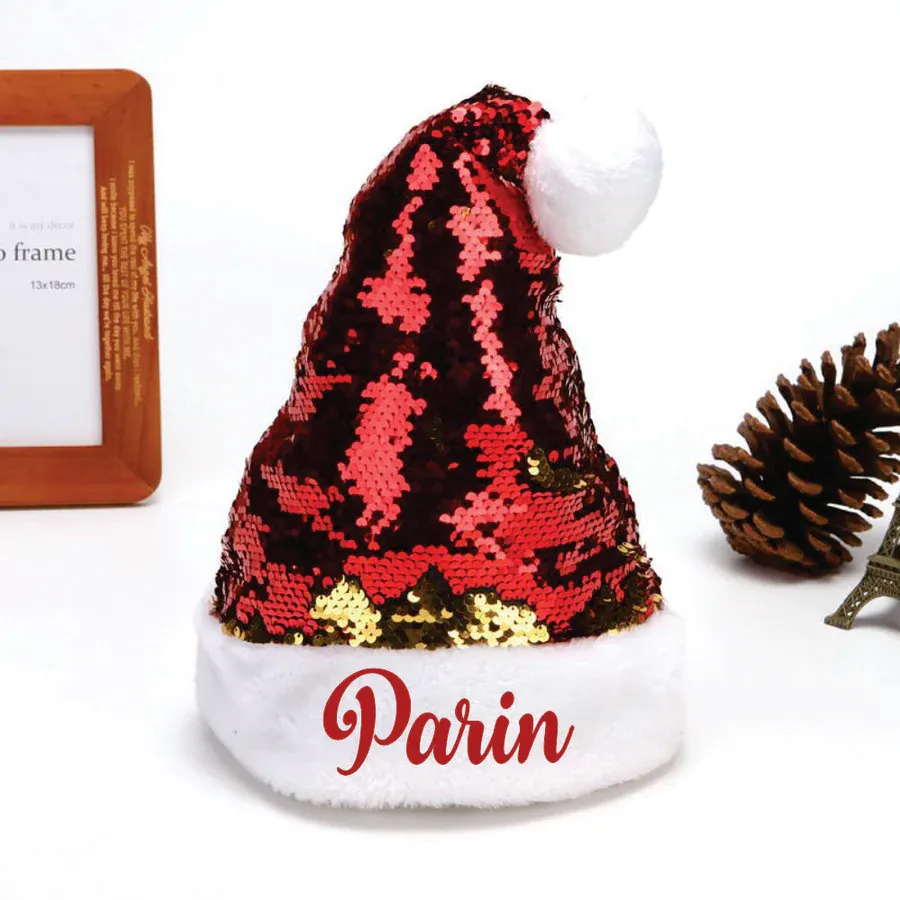 Personalised Sequins Santa Caps - Red and Gold