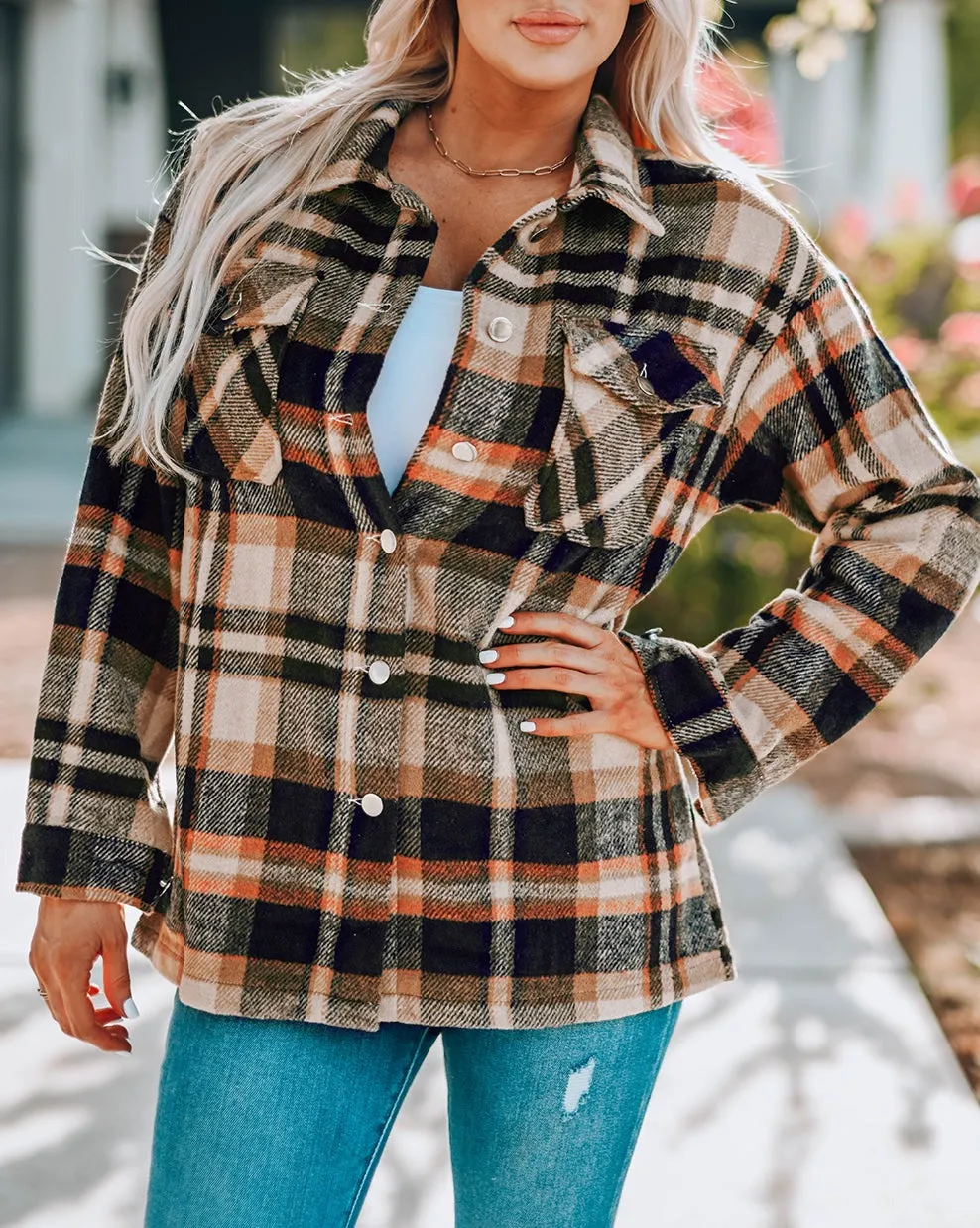 Plaid Button Front Pocketed Shacket