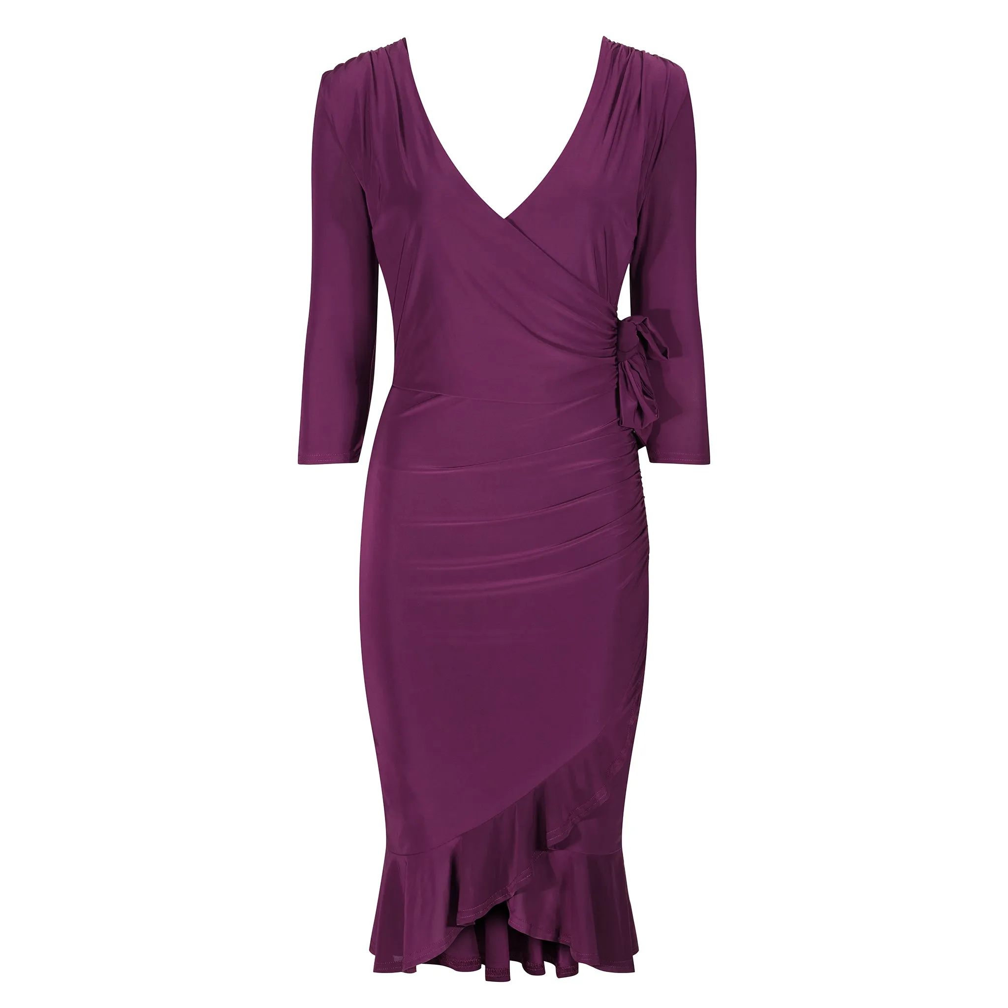 Plum Purple Wrap Effect Cocktail Dress w/ Waterfall Peplum Hem & 3/4 Sleeves