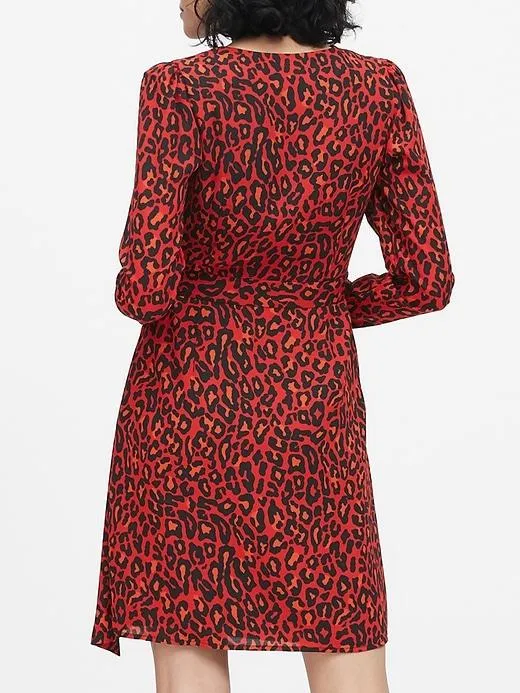 Print Puff-Sleeve Wrap Dress in Red Leopard Print