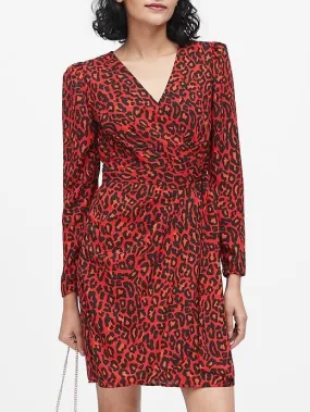 Print Puff-Sleeve Wrap Dress in Red Leopard Print