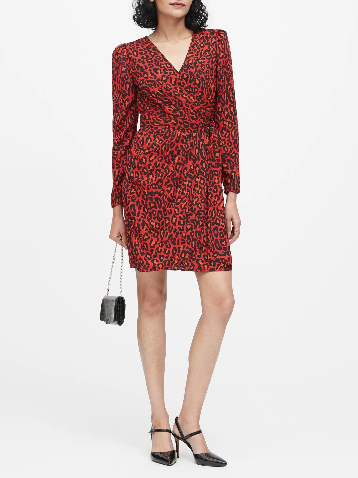 Print Puff-Sleeve Wrap Dress in Red Leopard Print