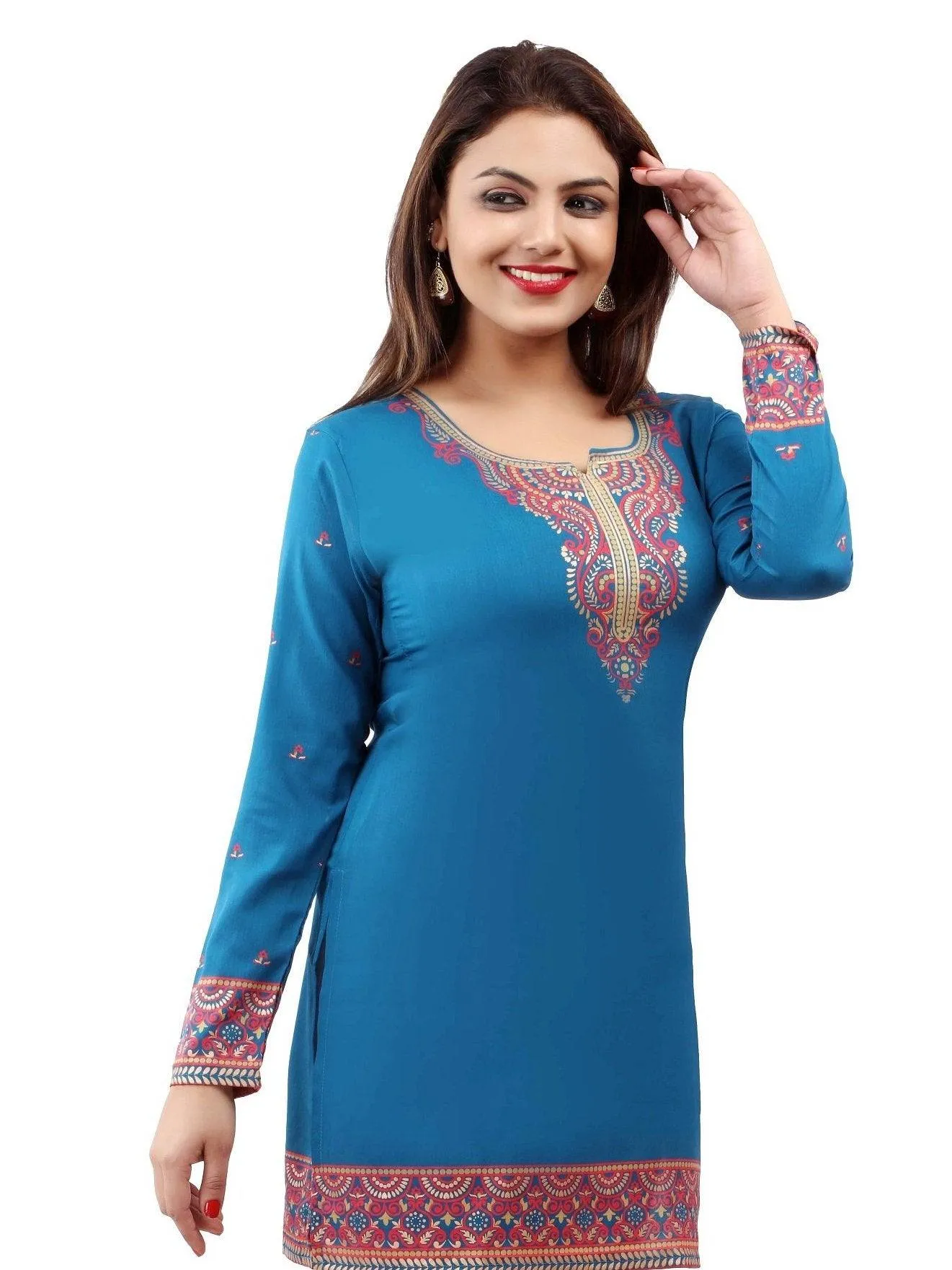 Readymade Blue Printed Crepe Tunic Kurta