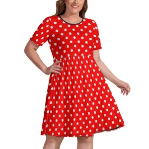 Red With White Polka Dots Women's Round Neck Plus Size Dress With Pockets