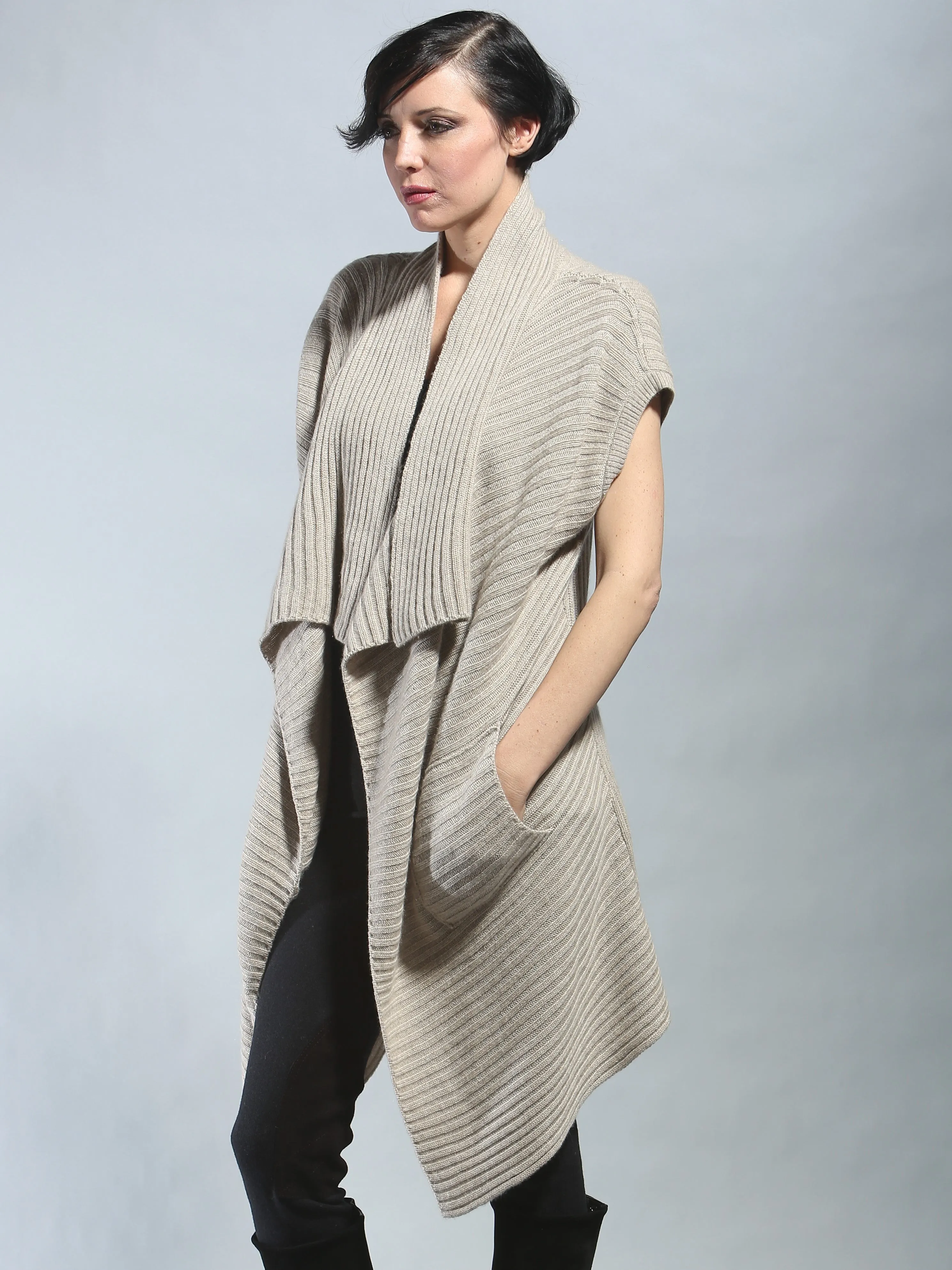 Ribbed Sleeveless Long Cardigan