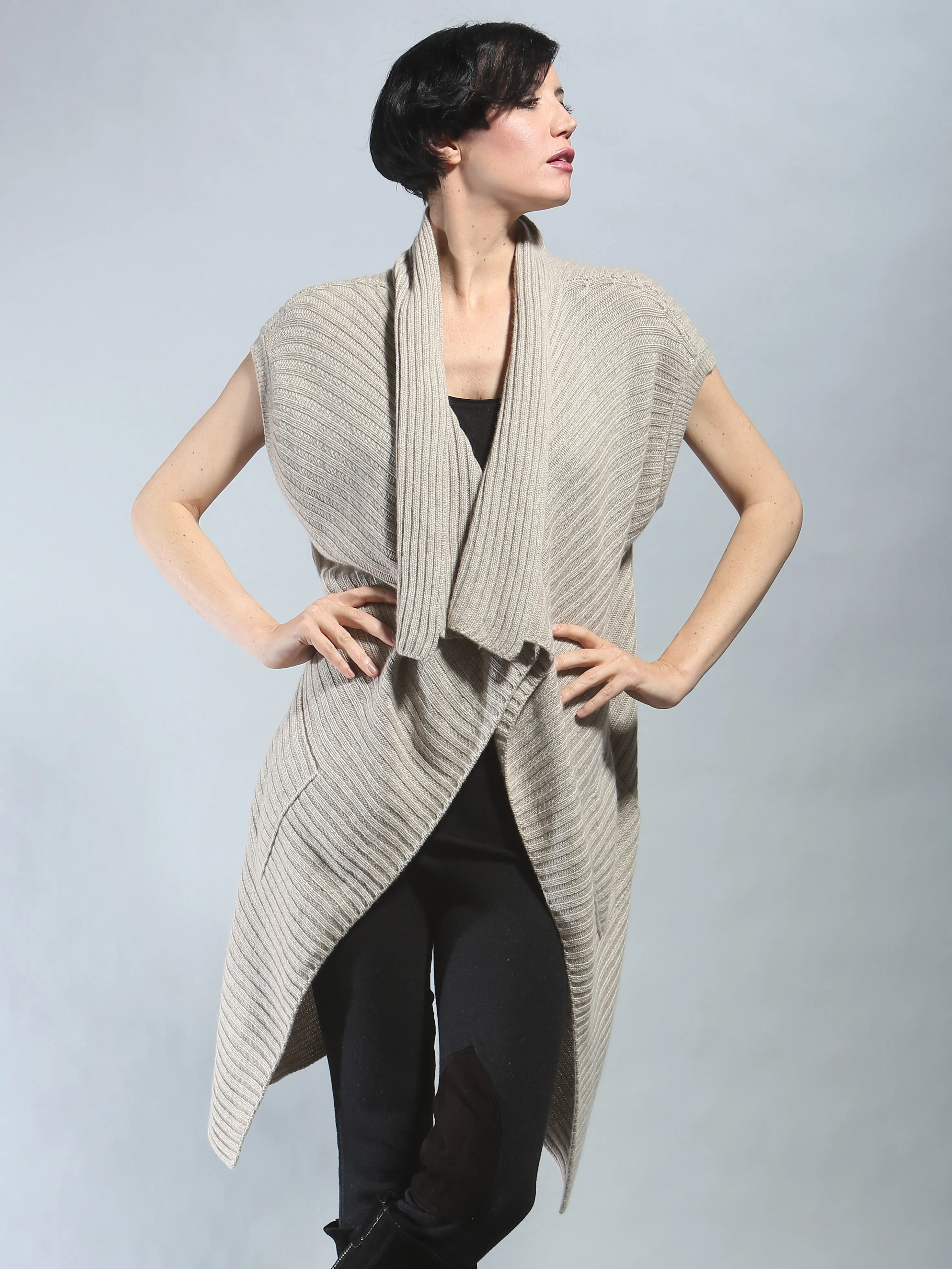 Ribbed Sleeveless Long Cardigan