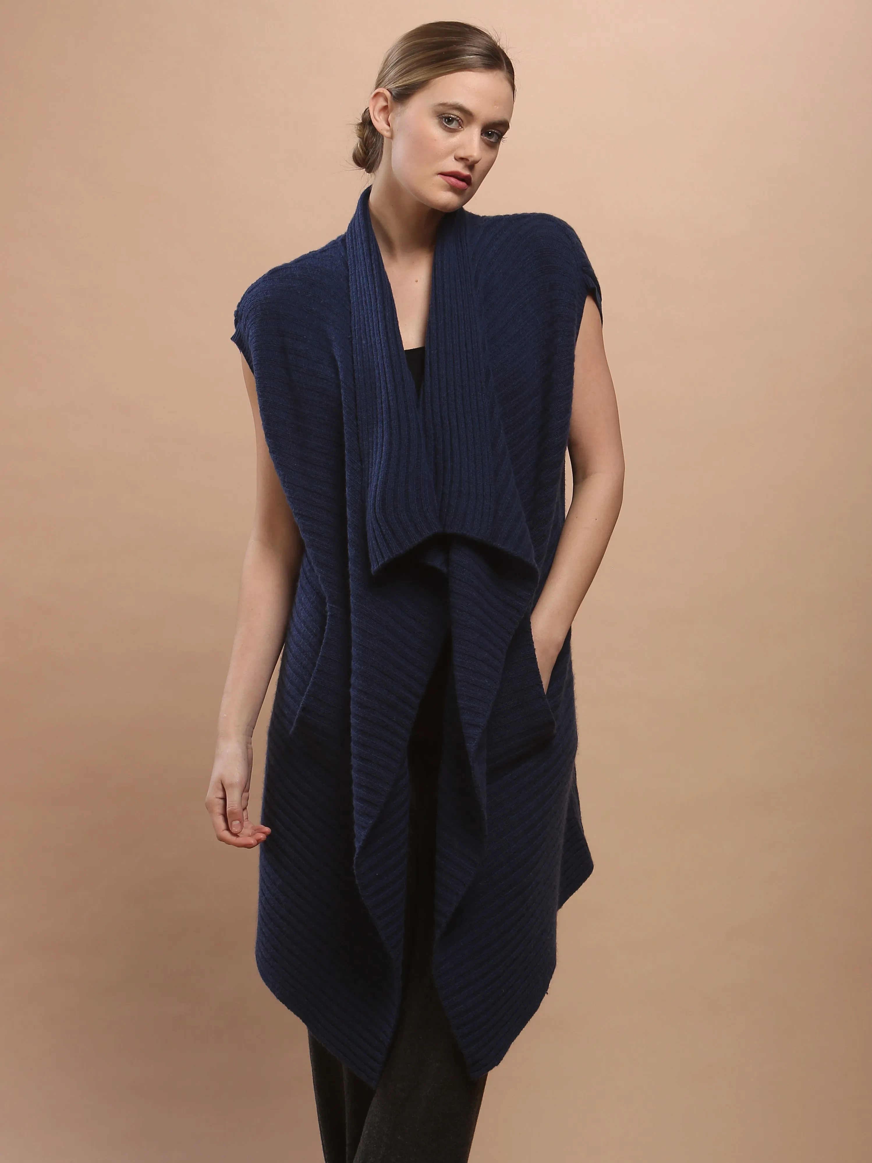 Ribbed Sleeveless Long Cardigan