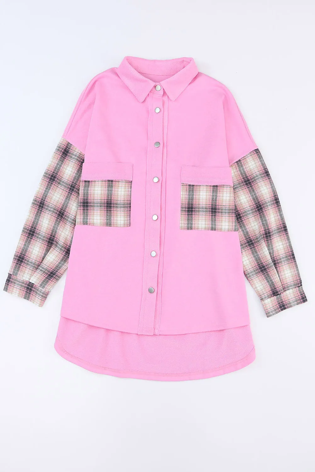 Rose Plaid Patchwork Chest Pockets Oversized Shirt Shacket