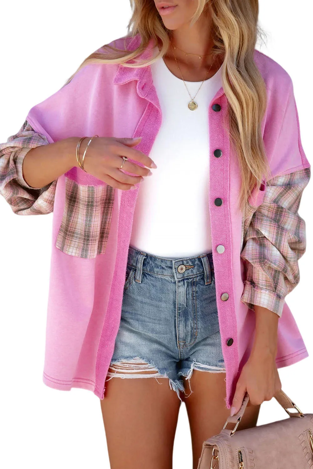 Rose Plaid Patchwork Chest Pockets Oversized Shirt Shacket