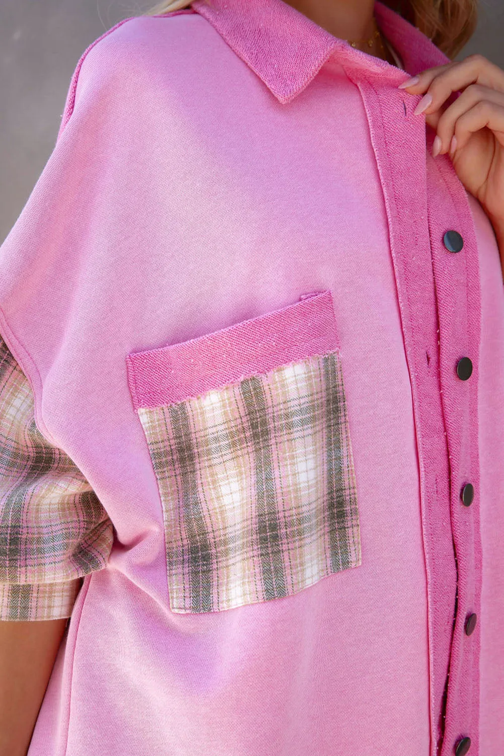 Rose Plaid Patchwork Chest Pockets Oversized Shirt Shacket