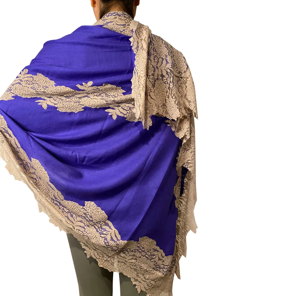 Royal Rani Purple Pashmina Shawl with Tan Lace Insert