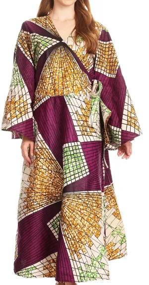 Sakkas Amina Long Wrap Around Bell Sleeve Full Circle Dress Ankara Wax African