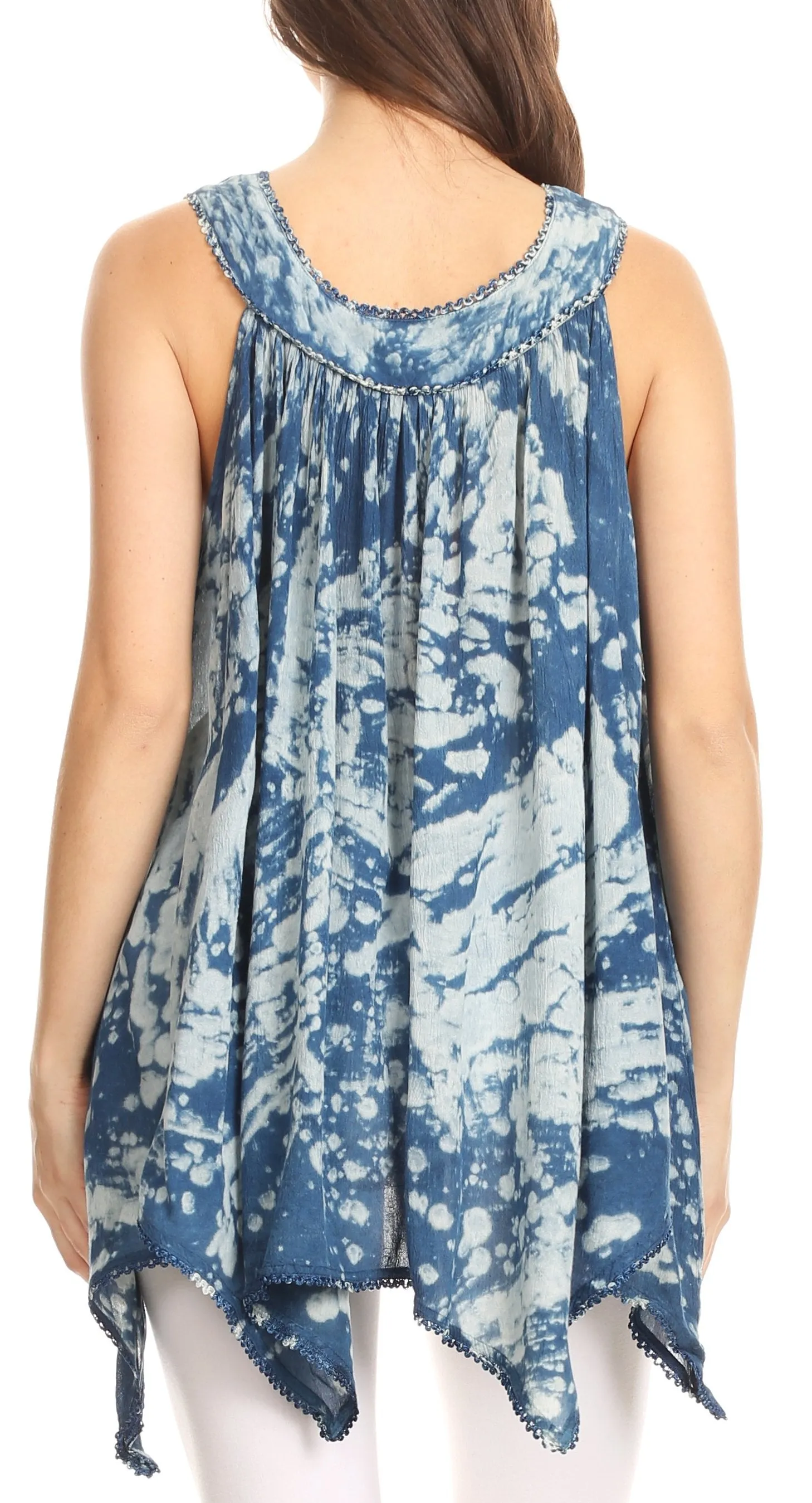 Sakkas Asaaya Sleeveless Tie Dye V-Neck Crinkle Style Trapeze Hem Lightweight Top