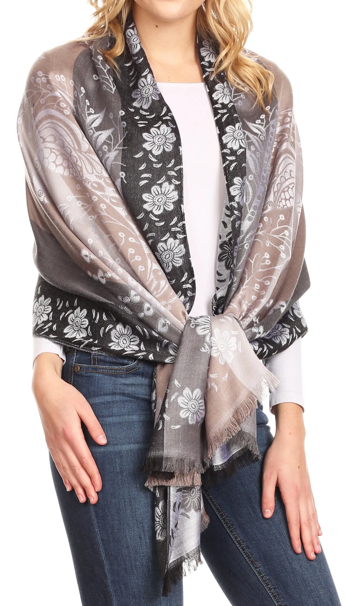 Sakkas Matilde Women's Peacock Floral Light and Soft Reversible Scarf Shawl Wrap