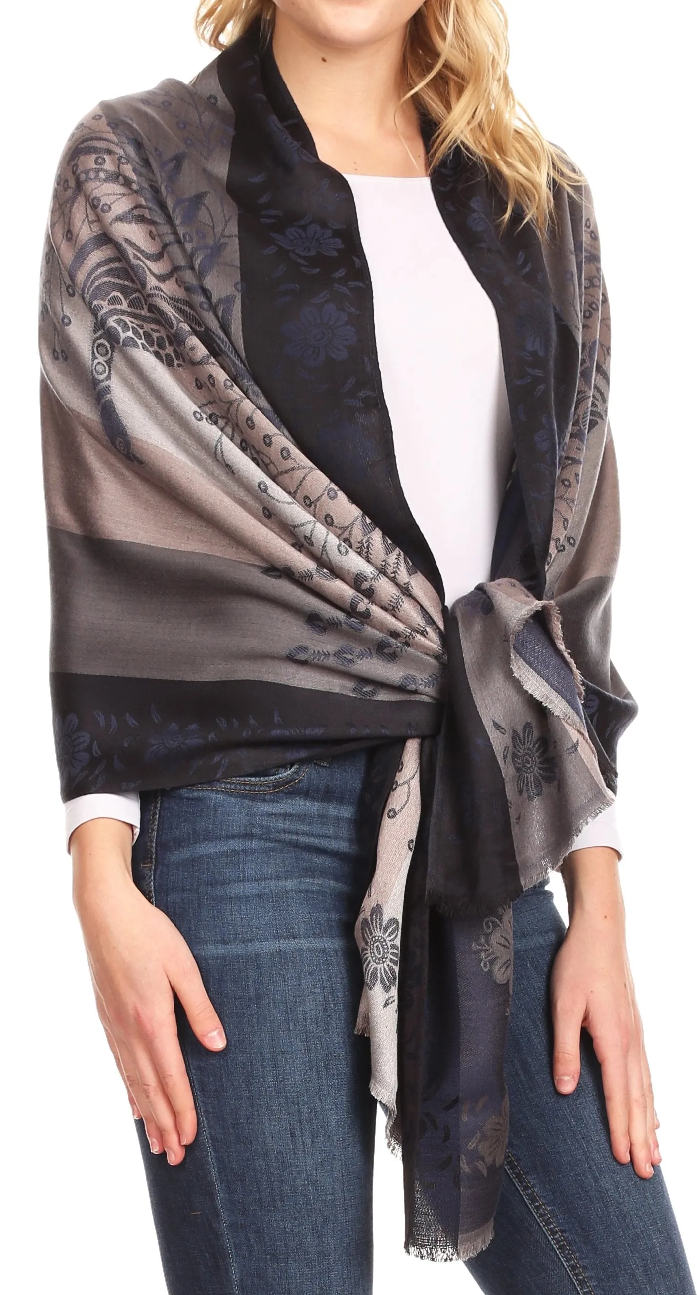 Sakkas Matilde Women's Peacock Floral Light and Soft Reversible Scarf Shawl Wrap