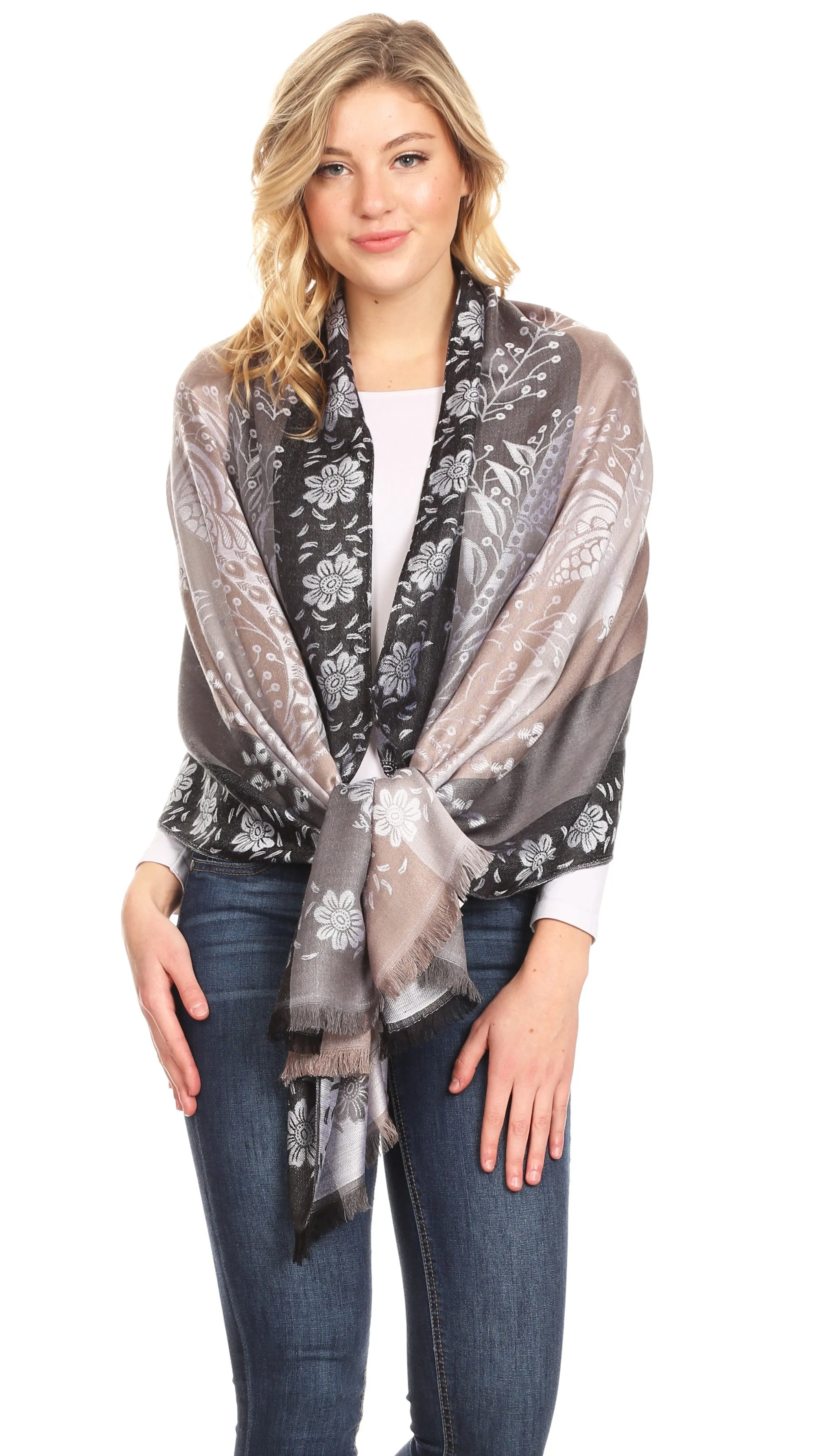 Sakkas Matilde Women's Peacock Floral Light and Soft Reversible Scarf Shawl Wrap