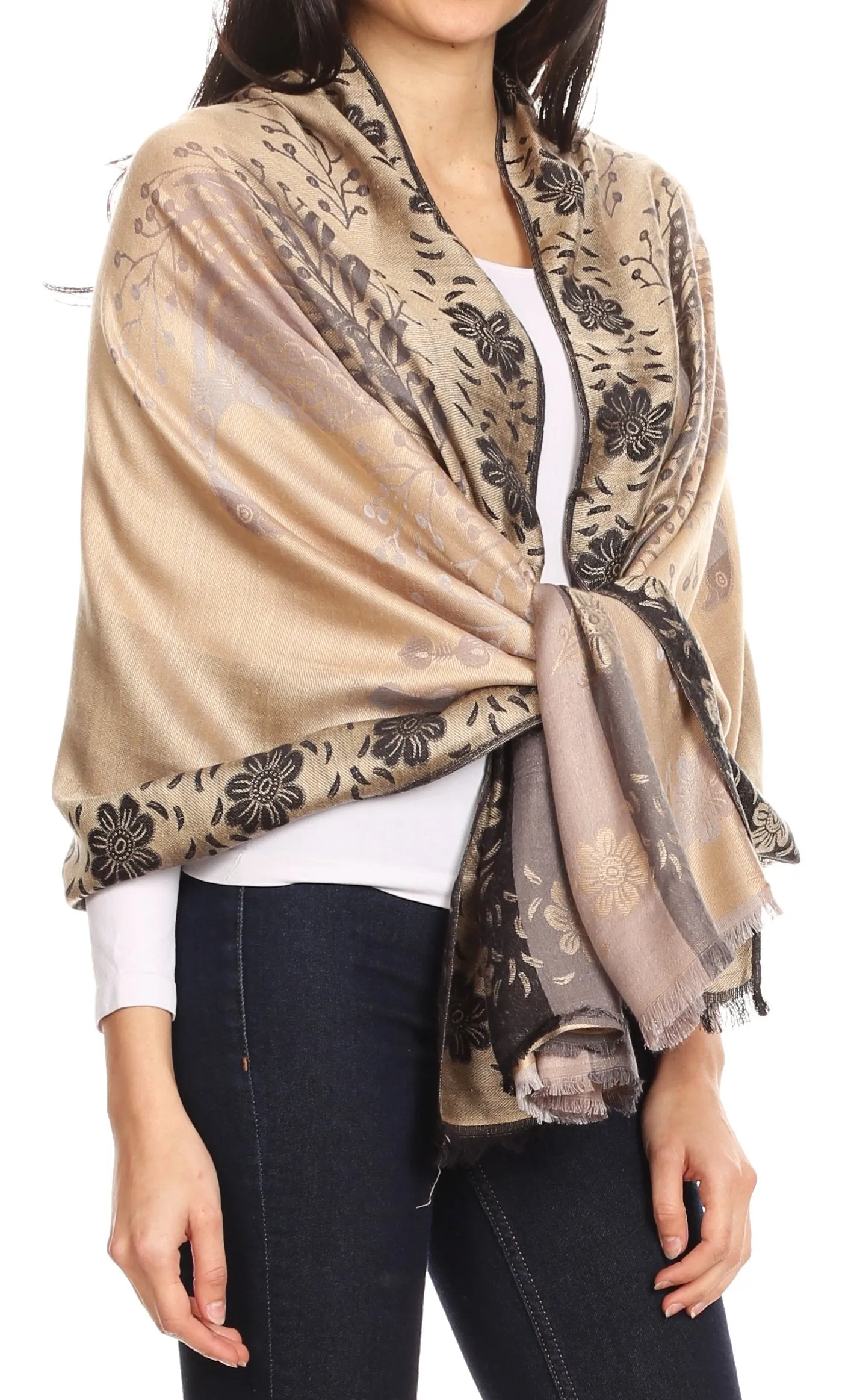 Sakkas Matilde Women's Peacock Floral Light and Soft Reversible Scarf Shawl Wrap