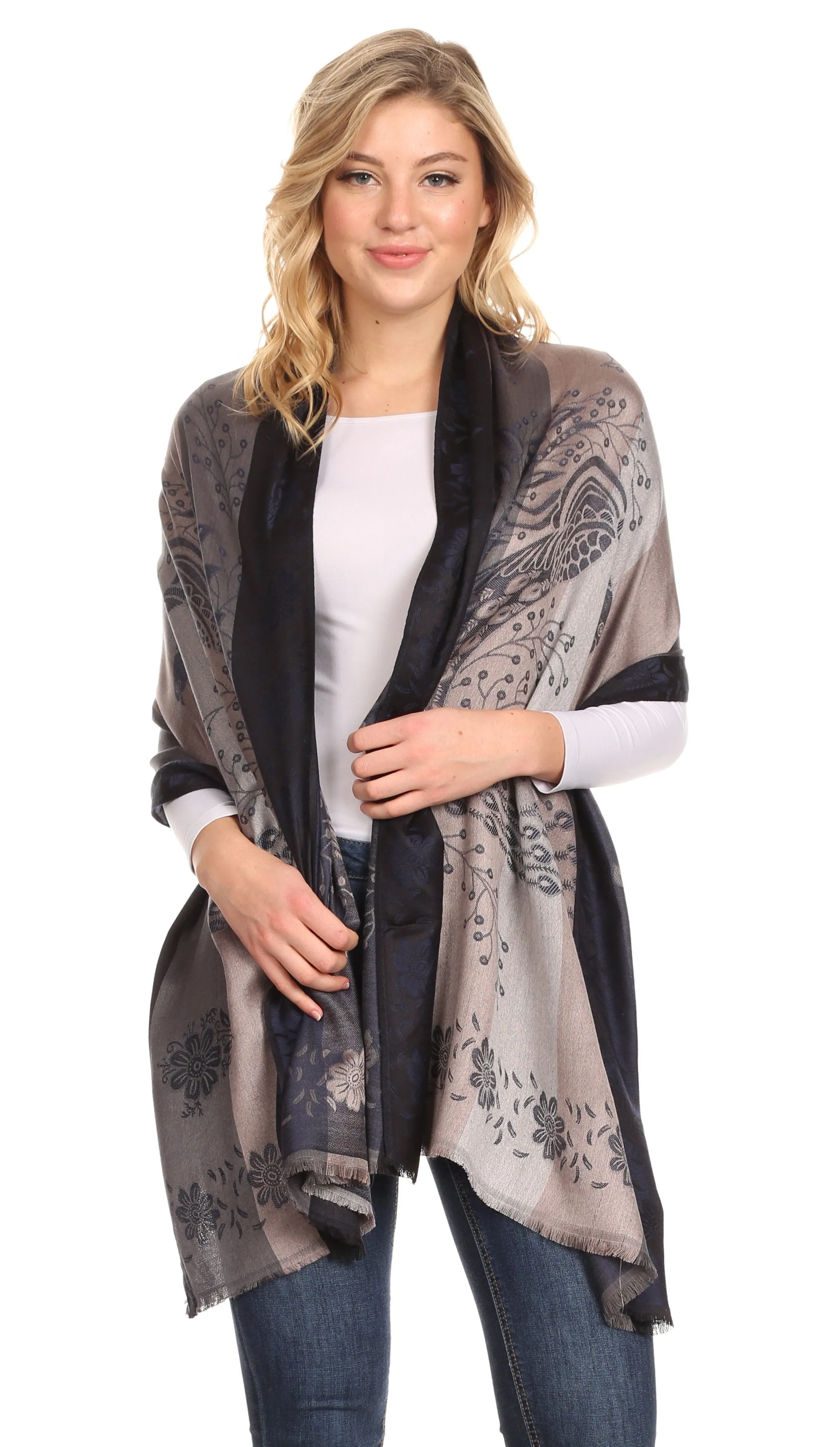 Sakkas Matilde Women's Peacock Floral Light and Soft Reversible Scarf Shawl Wrap