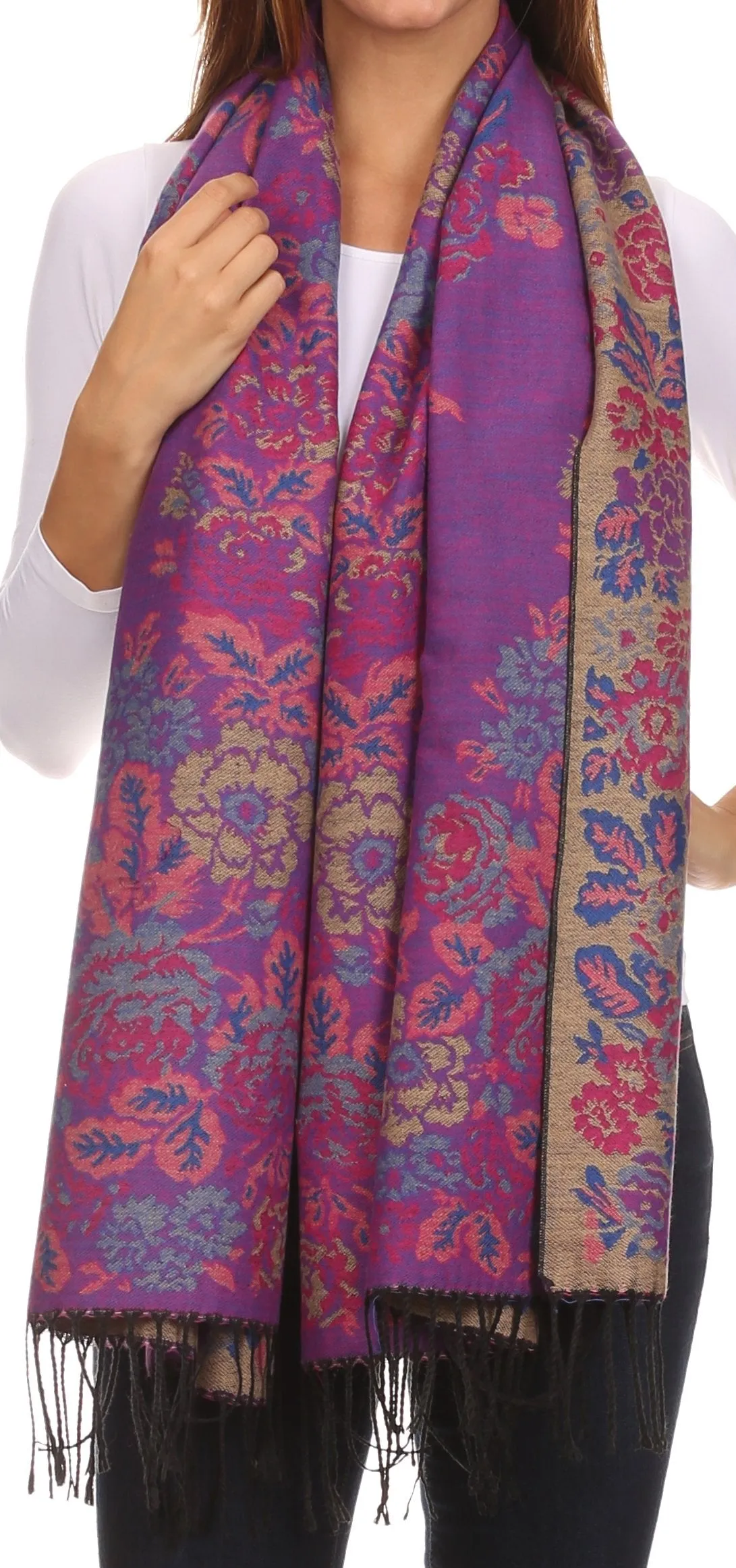 Sakkas Ontario double layer floral Pashmina/ Shawl/ Wrap/ Stole with fringe