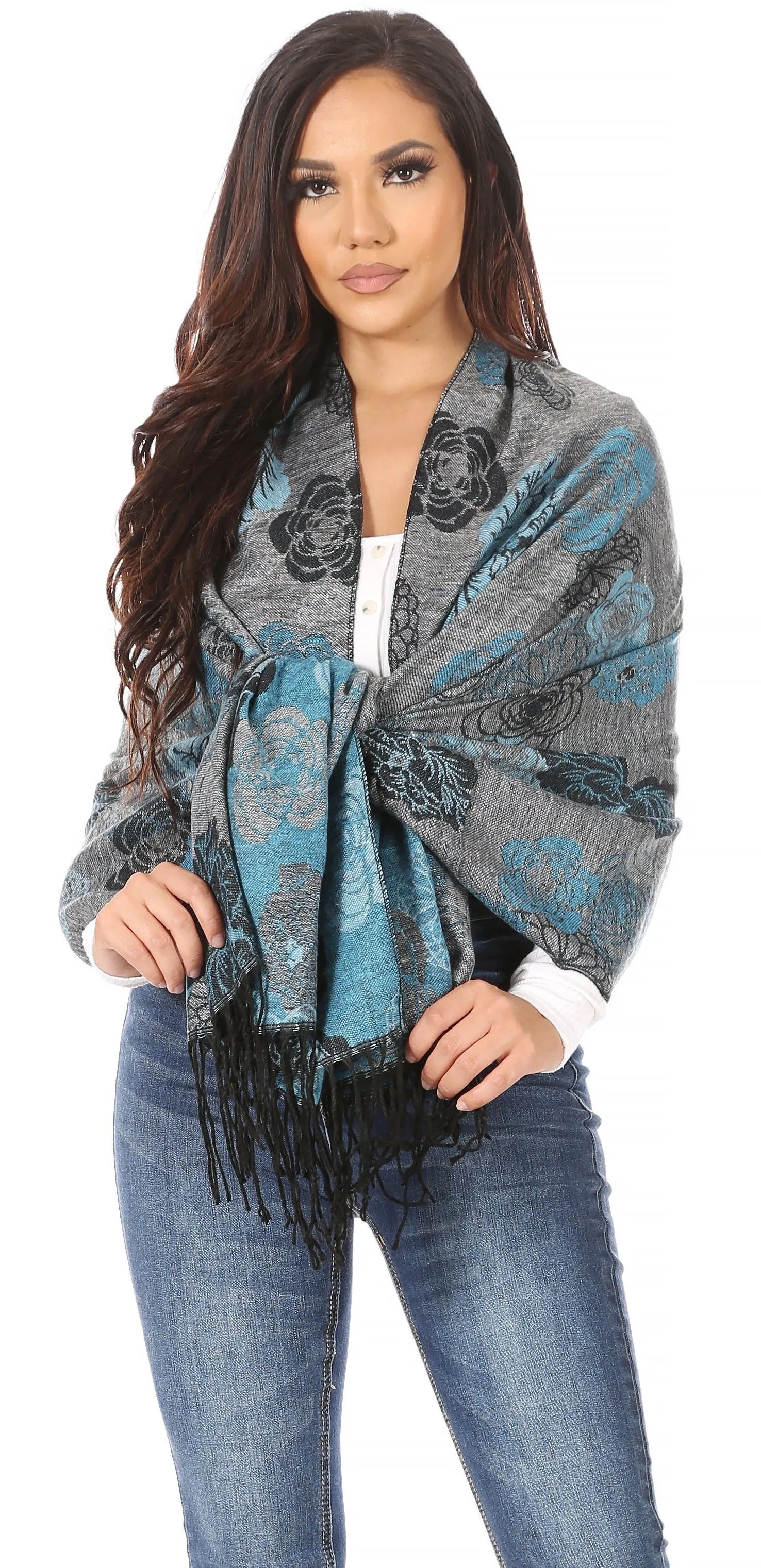 Sakkas Ontario double layer floral Pashmina/ Shawl/ Wrap/ Stole with fringe