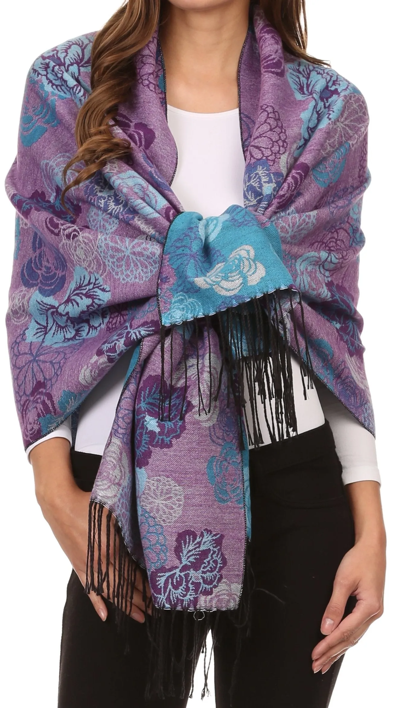 Sakkas Ontario double layer floral Pashmina/ Shawl/ Wrap/ Stole with fringe