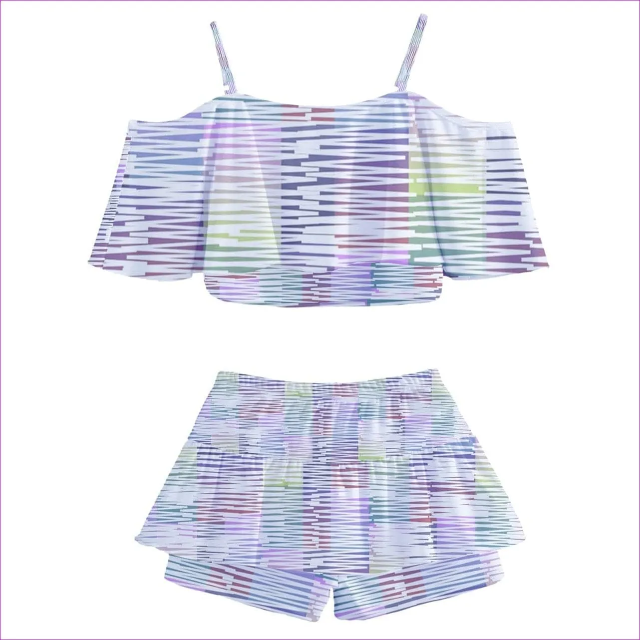 Scribbled Kids Off Shoulder Skirt Two-Piece Swimsuit