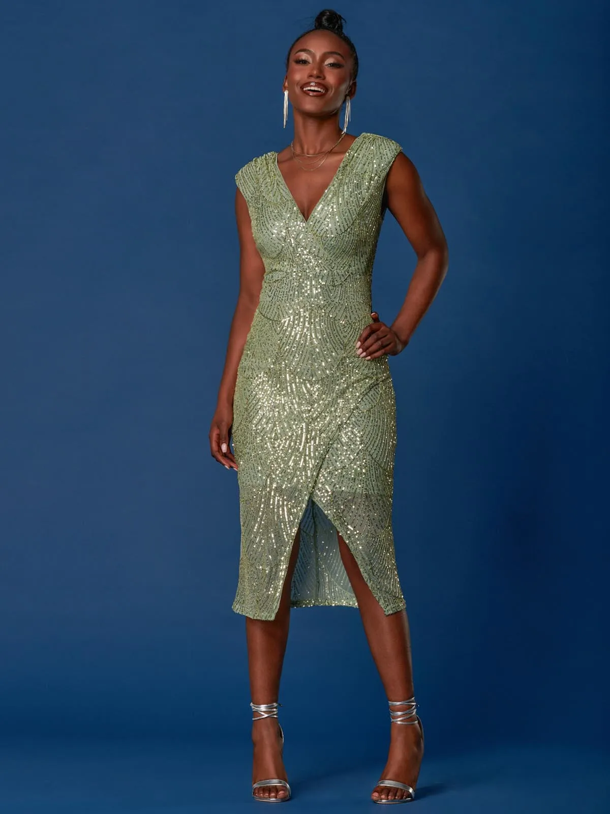 Sequin Wrap Slit Pencil Dress, Dusty Green