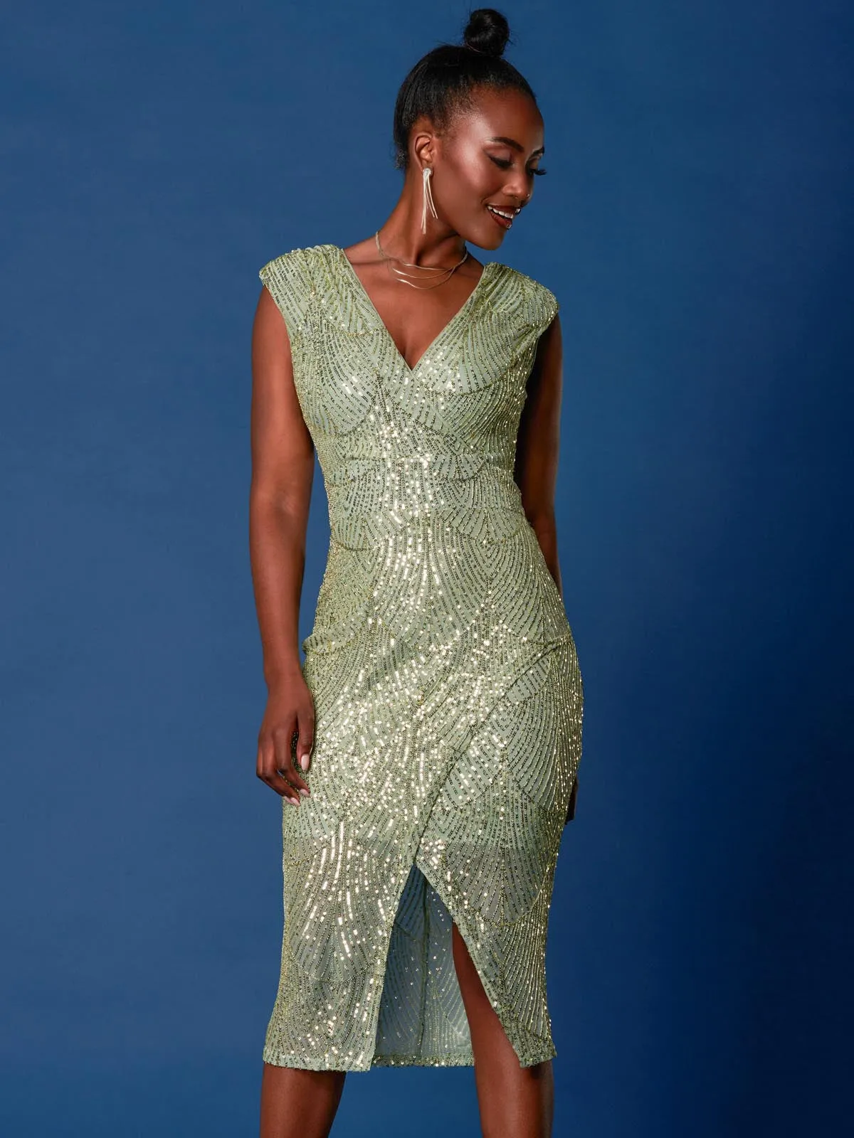 Sequin Wrap Slit Pencil Dress, Dusty Green