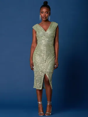 Sequin Wrap Slit Pencil Dress, Dusty Green