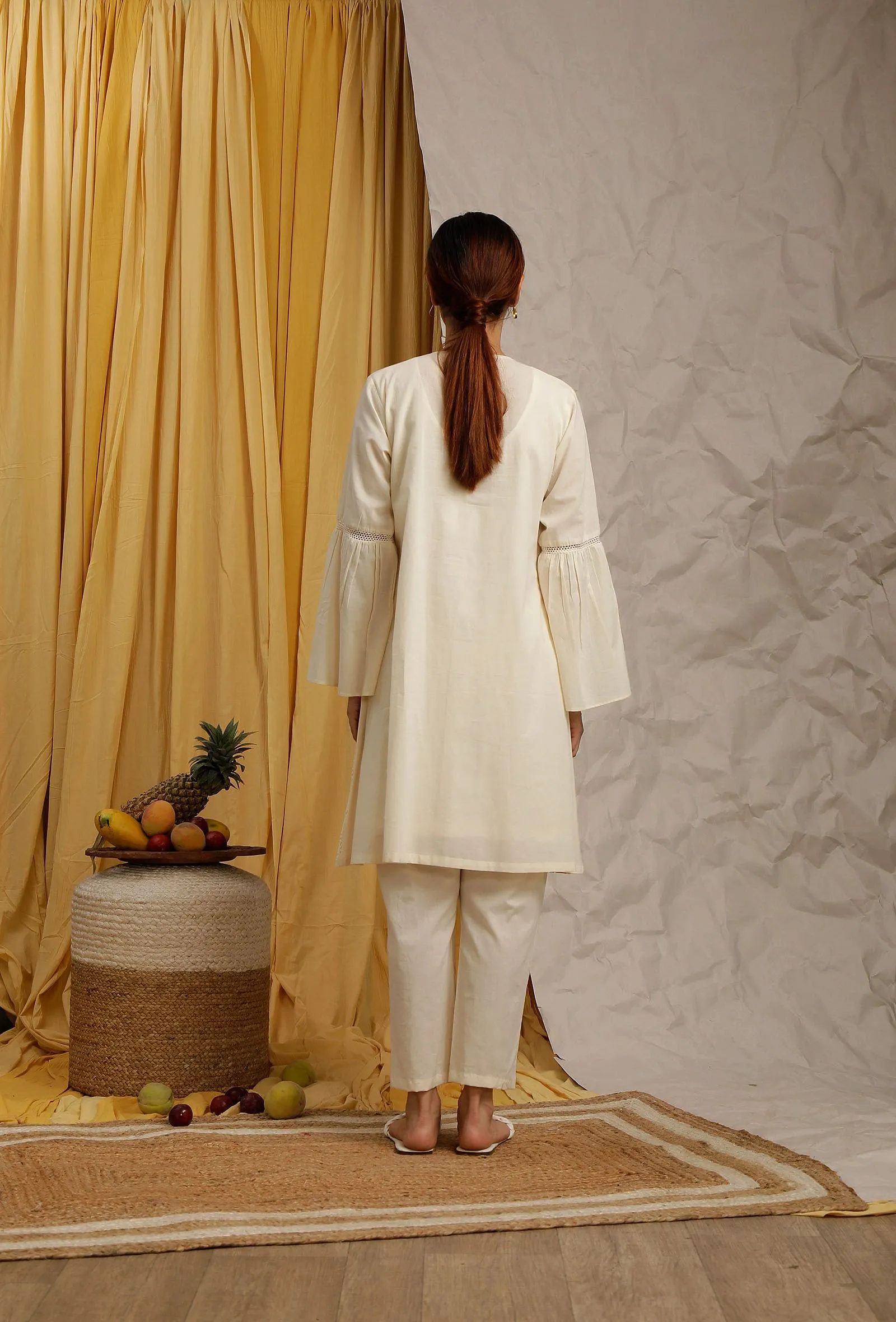 Set Of 2: Off White Cotton Schiffli Flared Tunic & Narrow Pants